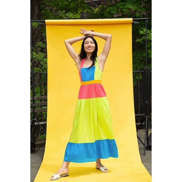 Rachel Antonoff Dresses & Skirts - Rachel Antonoff Colorblock Tiered Pinafore Maxi Dress in Highlighter Seersucker